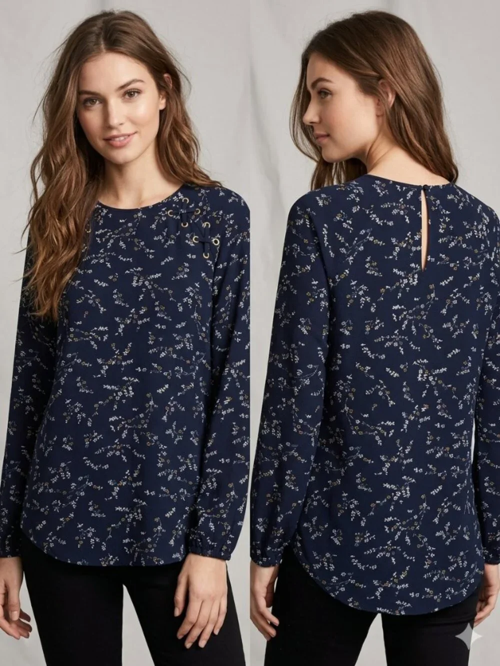 Michael Kors Women's Floral Long Sleeve Blouse Size S Navy Blue Lace-Up Detail